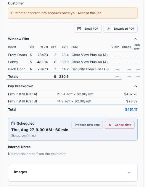 The same job on an installer's phone: the window measurements and films, their pay of $461.17, and a note that customer contact details appear only after they accept